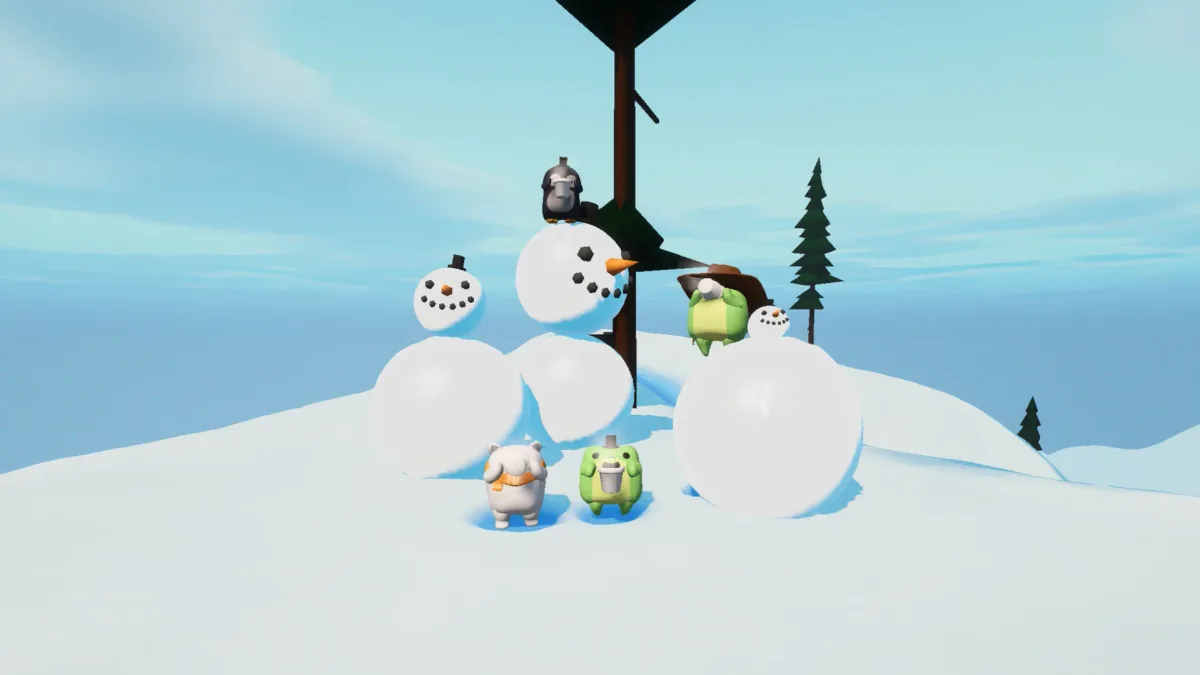 Sledding Game animal friends gathered beside large snowmen.
