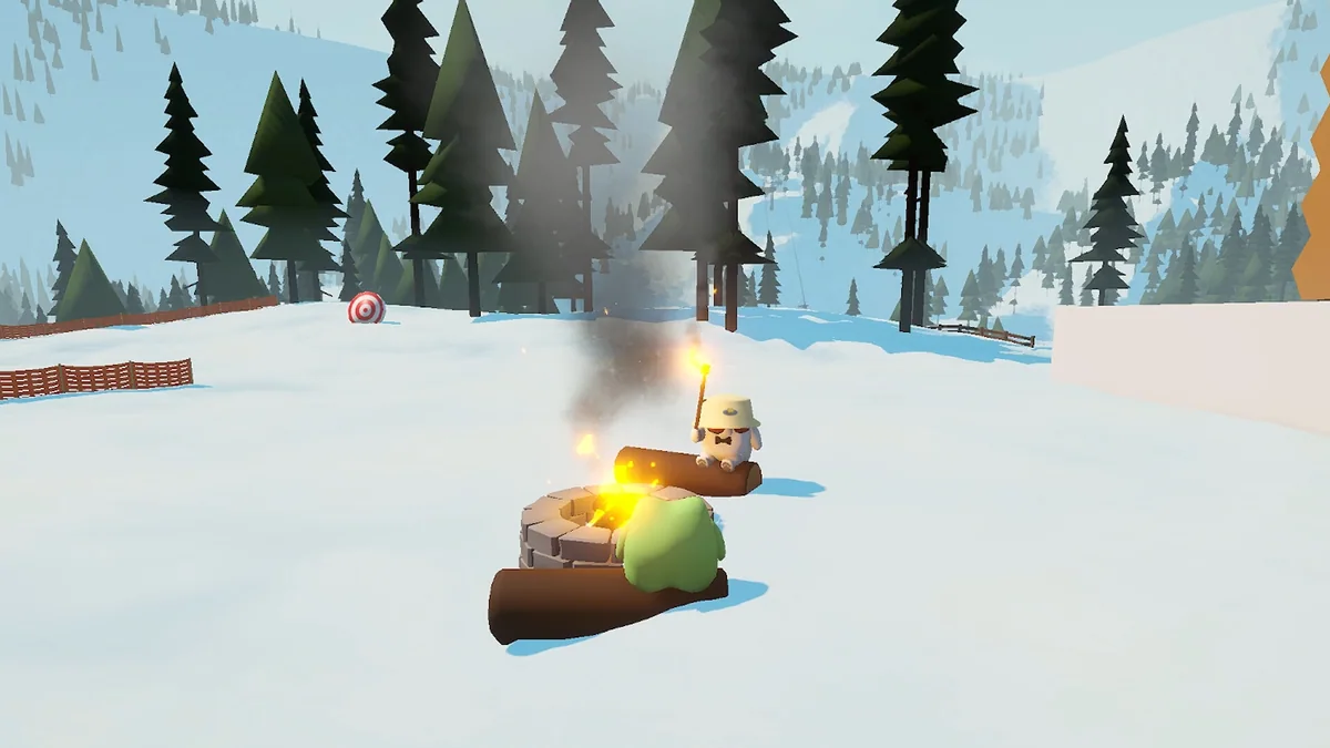 Animal friends sit on logs around a campfire in Sledding Game.