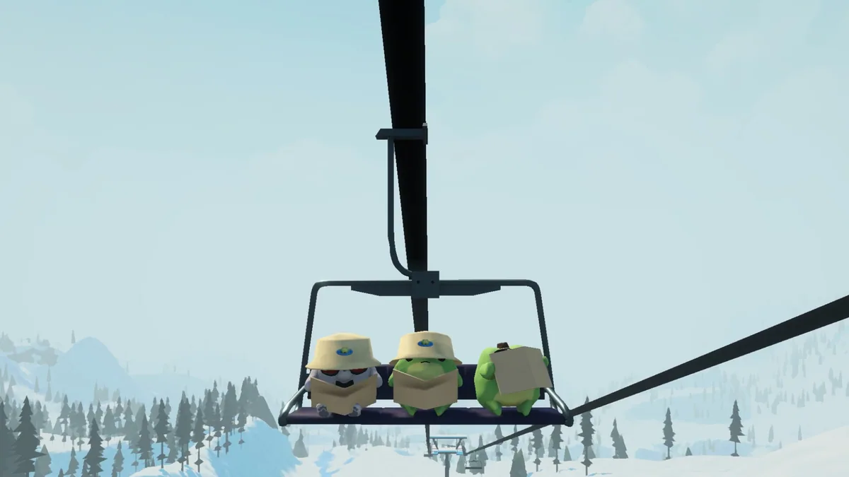 Three animal friends ride a chairlift above the snowy forest in Sledding Game.