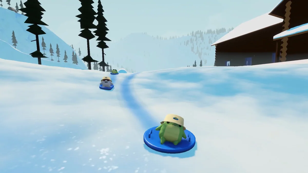 A green frog in a blue sled leads animal friends down a snowy slope in Sledding Game.