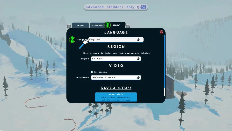 An original settings screenshot showing the LANGUAGE selector in the MISC tab.