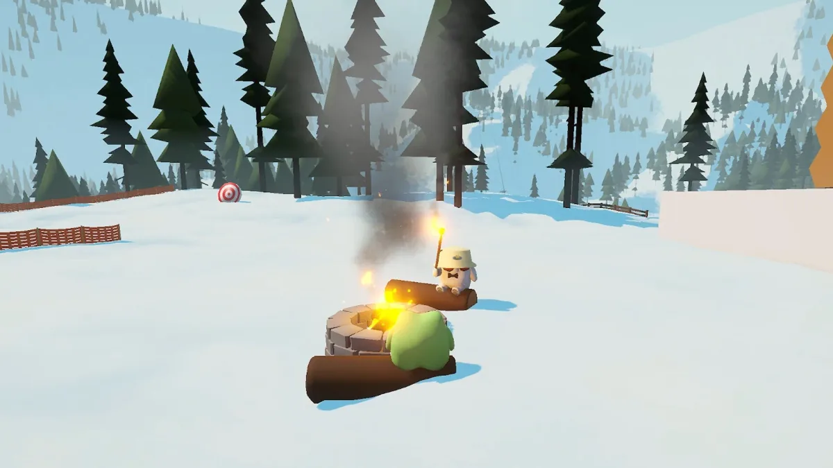Sledding Game characters wearing different unlocked appearances beside a campfire.