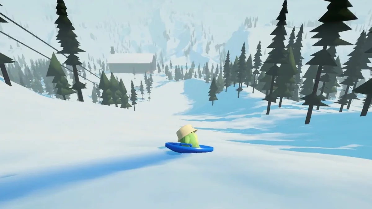 A frog descending a snowy hill with trees and edges visible across the scene.