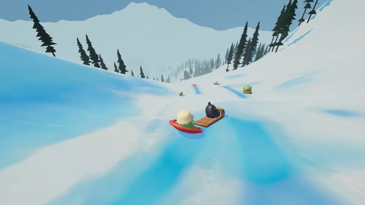 Sledding Game players taking sleds down a snowy valley.