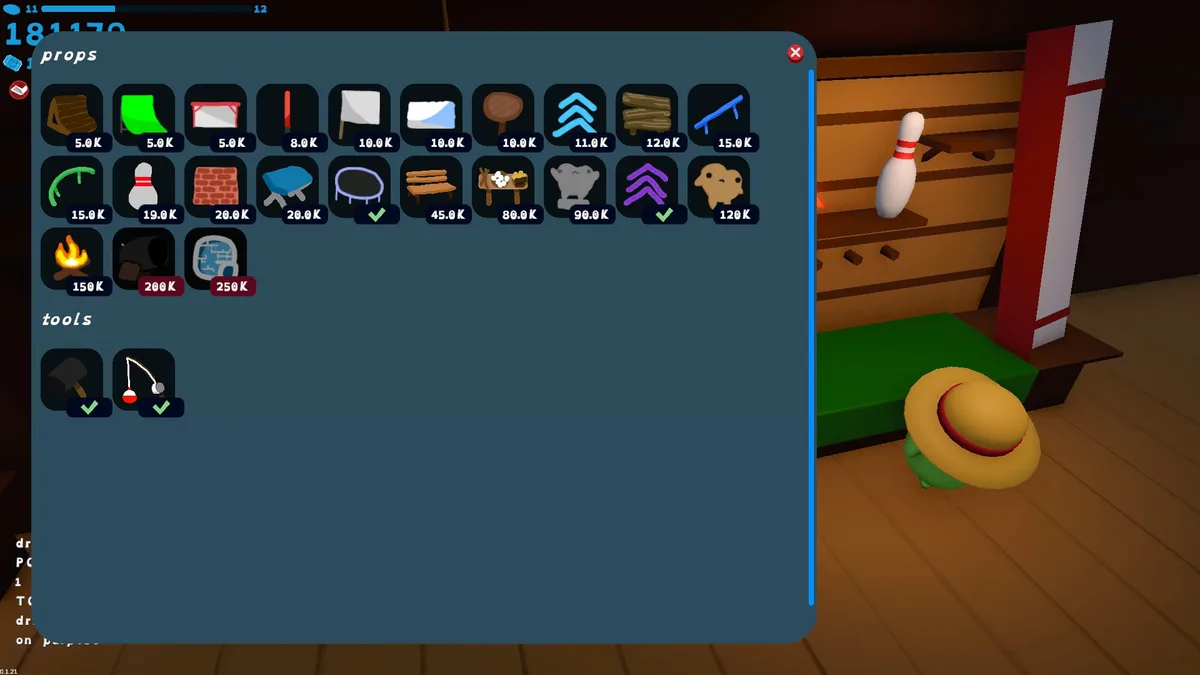 The lodge prop catalogue showing ramps, rails, a trampoline, boosters and tools.