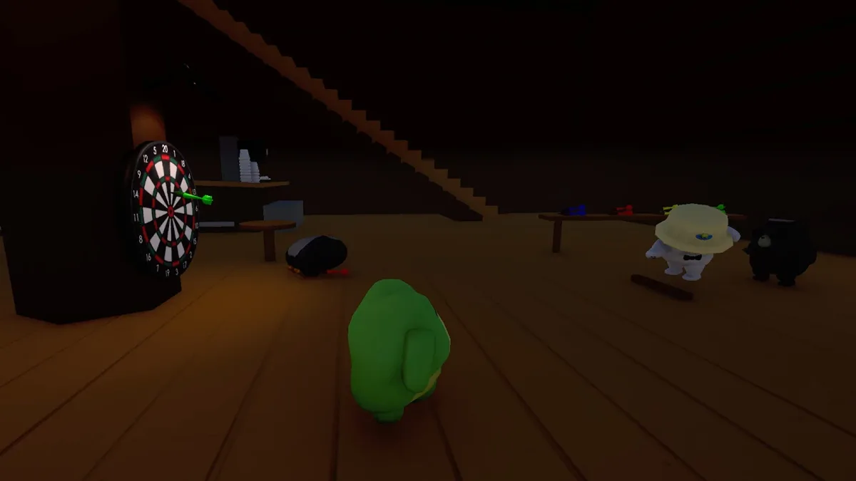 Friends playing a lodge minigame inside the wooden cabin in Sledding Game.